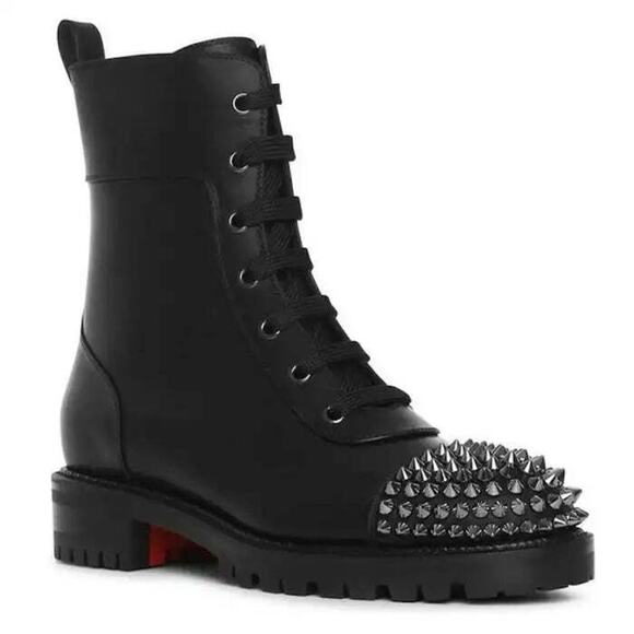 Christian Louboutin TS Croc Flat Black Calf Leather Spike Combat Ankle Boot 36 - Picture 5 of 9